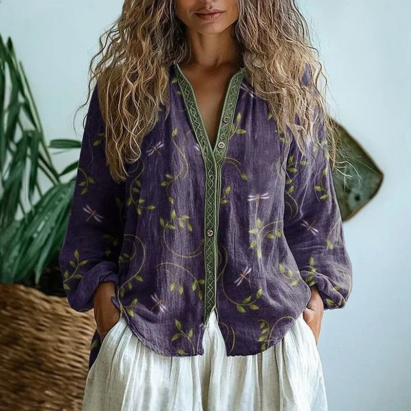 AMBRE™ | Vintage Blouse with Leaf Print