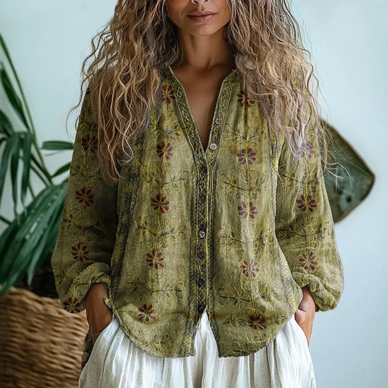 AMBRE™ | Vintage Blouse with Leaf Print
